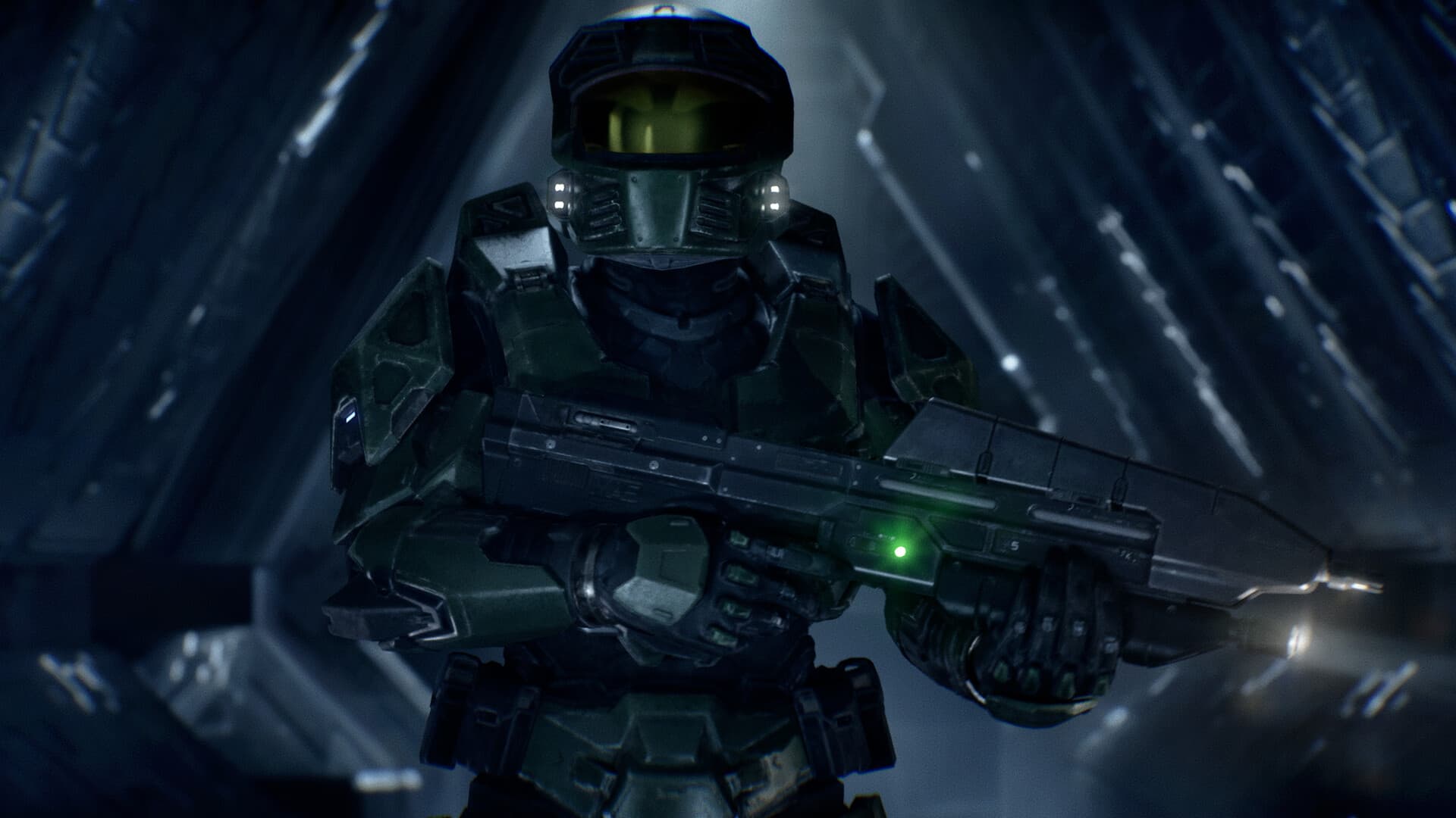 Master Chief holding an Assault Rifle aboard a dark UNSC ship
